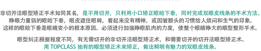 非切开法眼型矫正手术如同其名，是不用切开，只利用小口矫正眼睑下垂，同时完成双眼皮线条的手术方法。睁眼力量弱的眼睑下垂，眼皮遮住眼眸，看起来没有精神，或因皱额头的习惯给人烦闷和生气的印象。这样的眼睑下垂是眼睛变小的根本原因。必须进行加强睁眼肌肉的力度，使整个眼睛睁大的眼型整形手术。 眼型纠正根据程度不同，有无需切开的非切开法眼型矫正术，和需要切开的切开法眼型矫正术。用TOPCLASS独有的眼型矫正术来矫正，做出鲜明有魅力的双眼皮线条。
