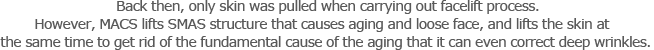Back then, only skin was pulled when carrying out facelift process. However, MACS lift removes SMAS structure that causes aging and loose face, and lifts the skin at the same time to get rid of the fundamental cause of the aging that it can even correct deep wrinkles.